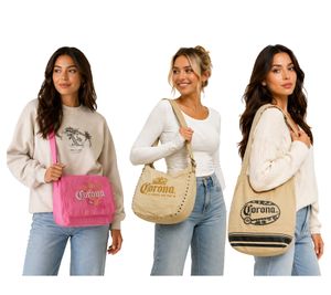 Sac vintage Corona Beer, sac bandoulière femme avec logo brodé, article pour fans, cabas en toile, sac bowling rose ou beige/marron