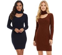 Women's Knit Mini Dress with Turtleneck and Neckline Details, Long Sleeve, Mahogany Brown or Dark Blue