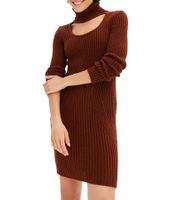 Women's Knit Mini Dress with Turtleneck and Neckline Details, Long Sleeve, Mahogany Brown or Dark Blue