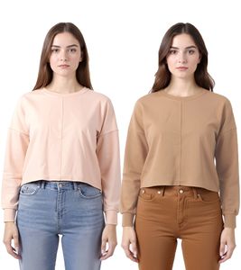 ZEGY Women's Cropped Long-Sleeve Shirt, Simple Cotton Sweater, Cropped 1067 in Pink or Brown
