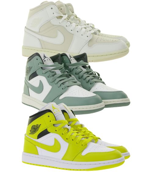 Zapatillas Nike Air Jordan 1 Mid para mujer, de piel auténtica, caña media, modelo BQ6472, en blanco/amarillo, blanco/verde o beige/blanco.