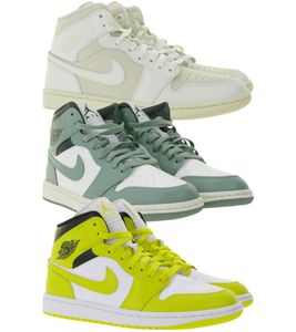 Zapatillas Nike Air Jordan 1 Mid para mujer, de piel auténtica, caña media, modelo BQ6472, en blanco/amarillo, blanco/verde o beige/blanco.