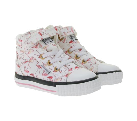BRITISH KNIGHTS Dee Kleinkinder Mid-Top Sneaker mit Flamingos Mädchen Schnür-Schuhe mit verstärktem Zehenbereich B49-3733I-03 Weiß/Pink/Bunt