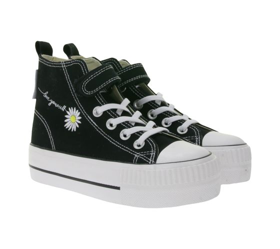 BRITISH KNIGHTS Kaya Mid Kids' Mid-Top Canvas Sneakers with Decorative Floral Embroidery & Loveyourself Print Lace-Up Shoes for Teen Girls B49-3710C-01 Black