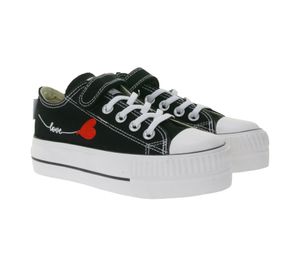 BRITISH KNIGHTS Kaya Low Kids' Low-Top Canvas Sneakers with Heart Embroidery and Love Print Lace-Up Shoes B49-3706C-02 Black