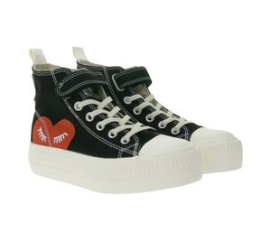 BRITISH KNIGHTS Kaya Mid Kids Mid-Top Canvas Sneakers with Decorative Heart Print Lace-Up Shoes Teenage Girls B52-3705C-01 Black