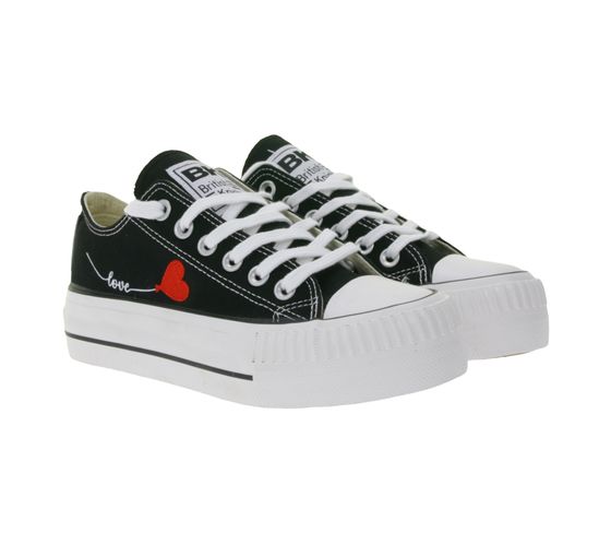 BRITISH KNIGHTS Kaya Low Women's Low-Top Canvas Sneakers with Heart Embroidery and Love Print Lace-Up Shoes B49-3706-02 Black