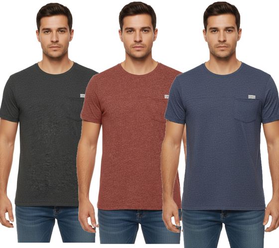 11 PROJECT Santo Herren Baumwoll-Shirt T-Shirt meliertes Sommer-Shirt mit Brusttasche 20715236 ME Schwarz, Rostrot oder Blau