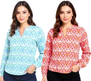 ZWILLINGSHERZ Joyful Damen Sommer-Bluse Tunika-Shirt mit Ornamenten 33236 Orange/Pink/Weiß oder Blau/Pink/Weiß/Grün