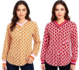 ZWILLINGSHERZ Damen langärmliges Sommer-Shirt Longsleeve im Retro Style mit graphischem Print 31633 Bordeaux/Pink/Rot oder Orange/Pink/Braun