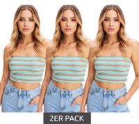 3er Sparpack gestreiftes Damen Bandeau Sommer-Top geripptes Baumwoll-Shirt 947519 Türkis
