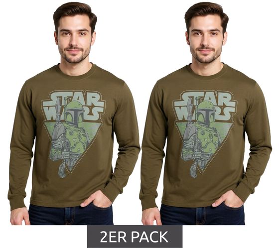 2er Sparpack RE:COVERED X STAR WARS Herren Langarm-Shirt Mandalorian Print Baumwoll-Pullover Rundhals-Shirt RCDIF2046 Khaki