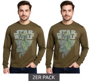 2er Sparpack RE:COVERED X STAR WARS Herren Langarm-Shirt Mandalorian Print Baumwoll-Pullover Rundhals-Shirt RCDIF2046 Khaki