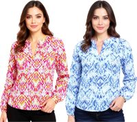 ZWILLINGSHERZ Damen Sommer-Bluse mit Ethno-Muster Baumwoll Langarmshirt 33234 Blau/Weiß/Pink oder Pink/Grün/Blau/Weiß