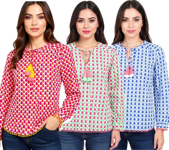 ZWILLINGSHERZ Damen Sommer-Bluse mit Tröpfchen-Muster Baumwoll Langarmshirt 33217 Pink, Grün oder Blau