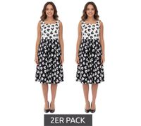 2er Sparpack Damen Sommer-Kleid mit grafischem Druck Baumwoll-Kleid ohne Ärmel Midi-Kleid 948746 Weiß/Schwarz