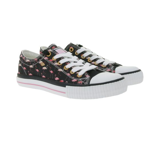 Sneakers basse da donna BRITISH KNIGHTS Master Lo con stampa fenicotteri, stringate in tela B49-3721-01, nere