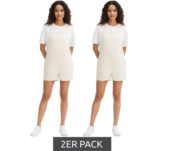 2-Pack Women's Short Jumpsuit with Lace-Up Sides in Lightweight Linen Blend - Summer Suit 959903 Beige