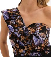 Mono elegante, extravagante mono de mujer con perneras anchas, volante y estampado floral, perfecto para Nochevieja, 970821 Negro