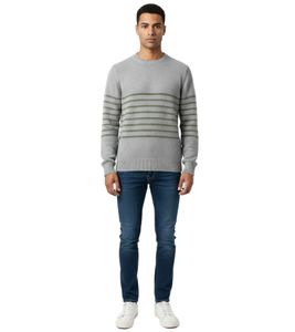 Stylischer ESPRIT Herren Strick-Pullover mit Streifen Rundhals-Sweater Baumwoll-Pullover Grau