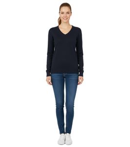 Stylischer Damen Strick-Pullover mit V-Ausschnitt Premium-Baumwolle 133-034 Dunkelblau