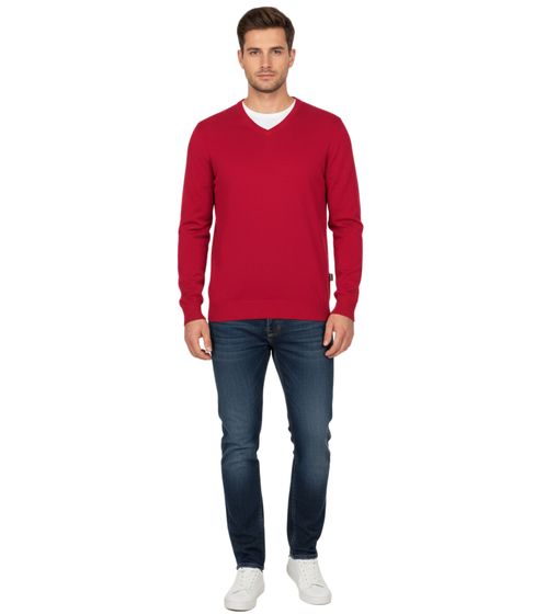 Stylischer Herren Strick-Pullover mit V-Ausschnitt Premium-Baumwolle 143-002 Rot