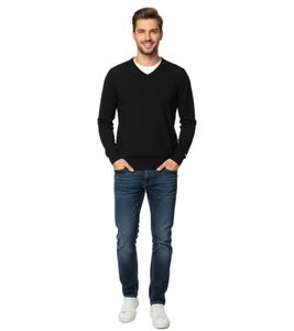 Maglione da uomo alla moda in maglia con toppe sui gomiti tono su tono, lana merino, 144-005, nero
