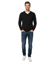 Maglione da uomo alla moda in maglia con toppe sui gomiti tono su tono, lana merino, 144-005, nero