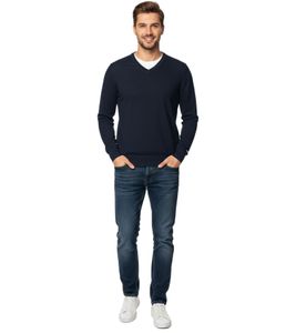 Maglione da uomo alla moda in maglia con toppe sui gomiti tono su tono, lana merino, 144-034, blu scuro