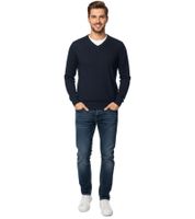Maglione da uomo alla moda in maglia con toppe sui gomiti tono su tono, lana merino, 144-034, blu scuro