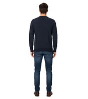Maglione da uomo alla moda in maglia con toppe sui gomiti tono su tono, lana merino, 144-034, blu scuro