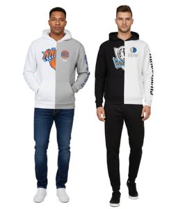 Sweat à capuche Hollister X NBA pour homme, imprimé logo d'équipe, en coton (réf. 322-221-1590), disponible aux couleurs des New York Knicks (gris/blanc) ou des Dallas Mavericks (blanc/noir).