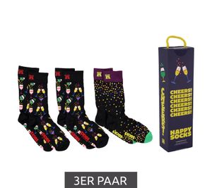 3 paia di calzini Happy Socks Celebrations Edition in cotone con stampa a pois con bicchieri di champagne, cocktail e coriandoli - Confezione risparmio in scatola regalo P001723 Nero/Multicolore