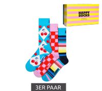 3 Paar Happy Socks Baumwoll-Socken Sparpack mit Karos, Streifen und Kirschen im Argyle-Stil Alltags-Strümpfe in Geschenk-Box P002655 Blau//Rot/Weiß