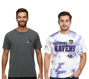 RE:COVERED X NFL Baltimore Ravens Men's T-Shirt with Football Helmet, Cotton Crew Neck, RCNFL13, Solid Gray or Purple/White Tie-Dye