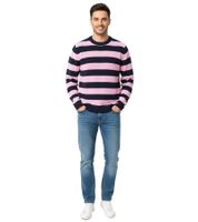 Stylish ESPRIT Men's Striped Knit Sweater, Crew Neck, Cotton Pullover, Dark Blue/Pink