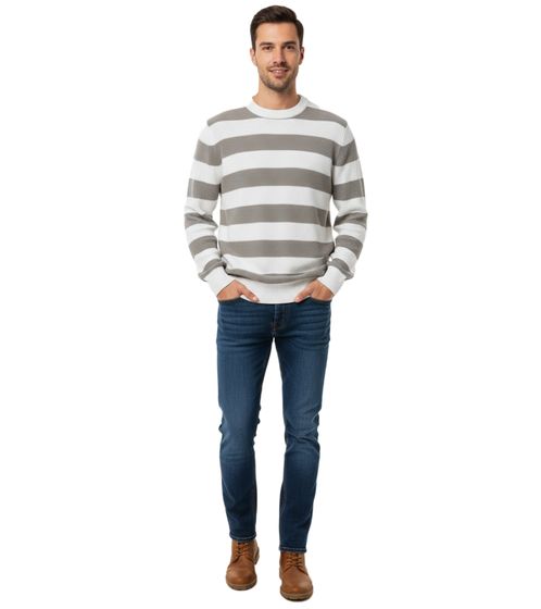 Stylischer ESPRIT Herren Strick-Pullover mit Streifen Rundhals-Sweater Baumwoll-Pullover Weiß/Grau