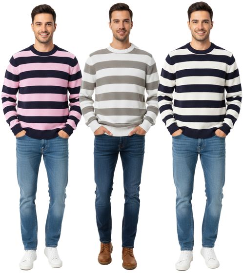 Stylischer ESPRIT Herren Strick-Pullover mit Streifen Rundhals-Sweater Baumwoll-Pullover in Dunkelblau/Rosa, Weiß/Grau oder Dunkelblau/Weiß