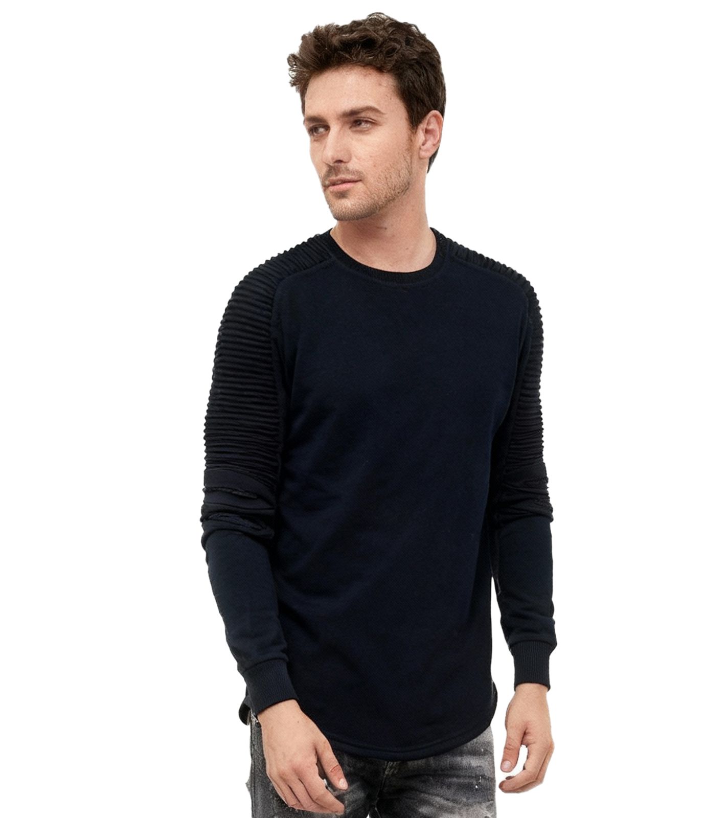 Felpa urbana da uomo con maniche a coste, pullover 19056, blu navy