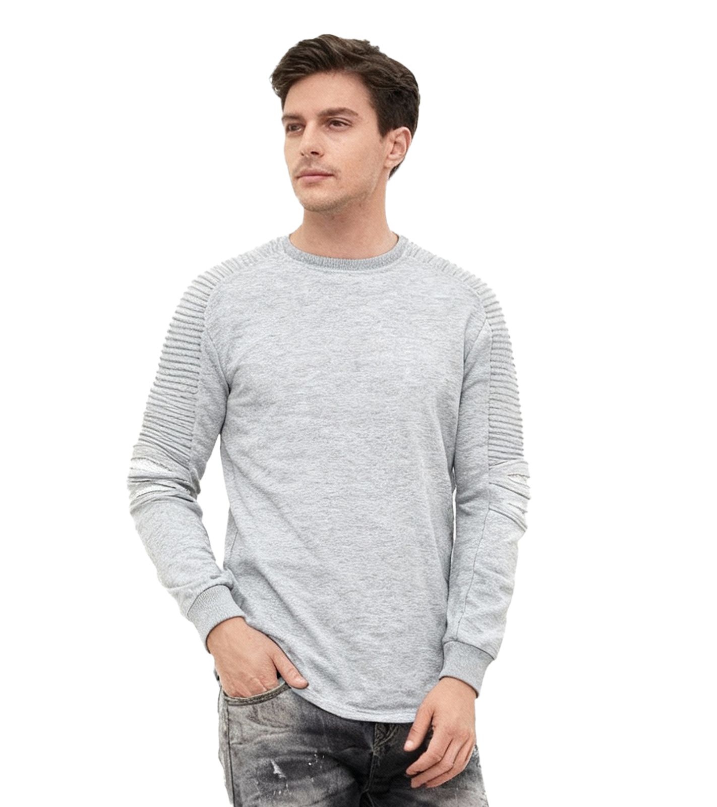 Felpa urbana da uomo con maniche a coste, pullover 19056 grigio melange