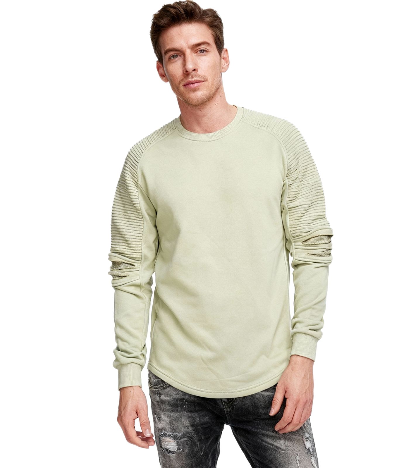 Felpa da uomo urbana con maniche a coste, pullover 19056, verde chiaro