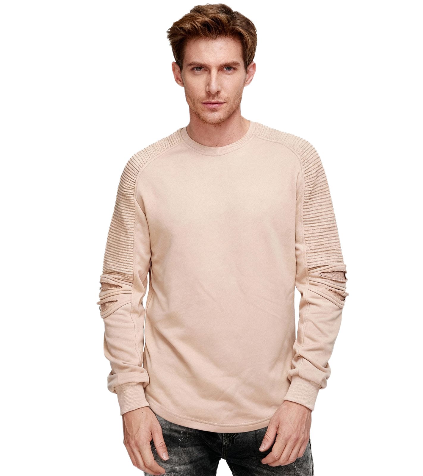 Felpa urbana da uomo con maniche a coste, pullover 19056, marrone chiaro
