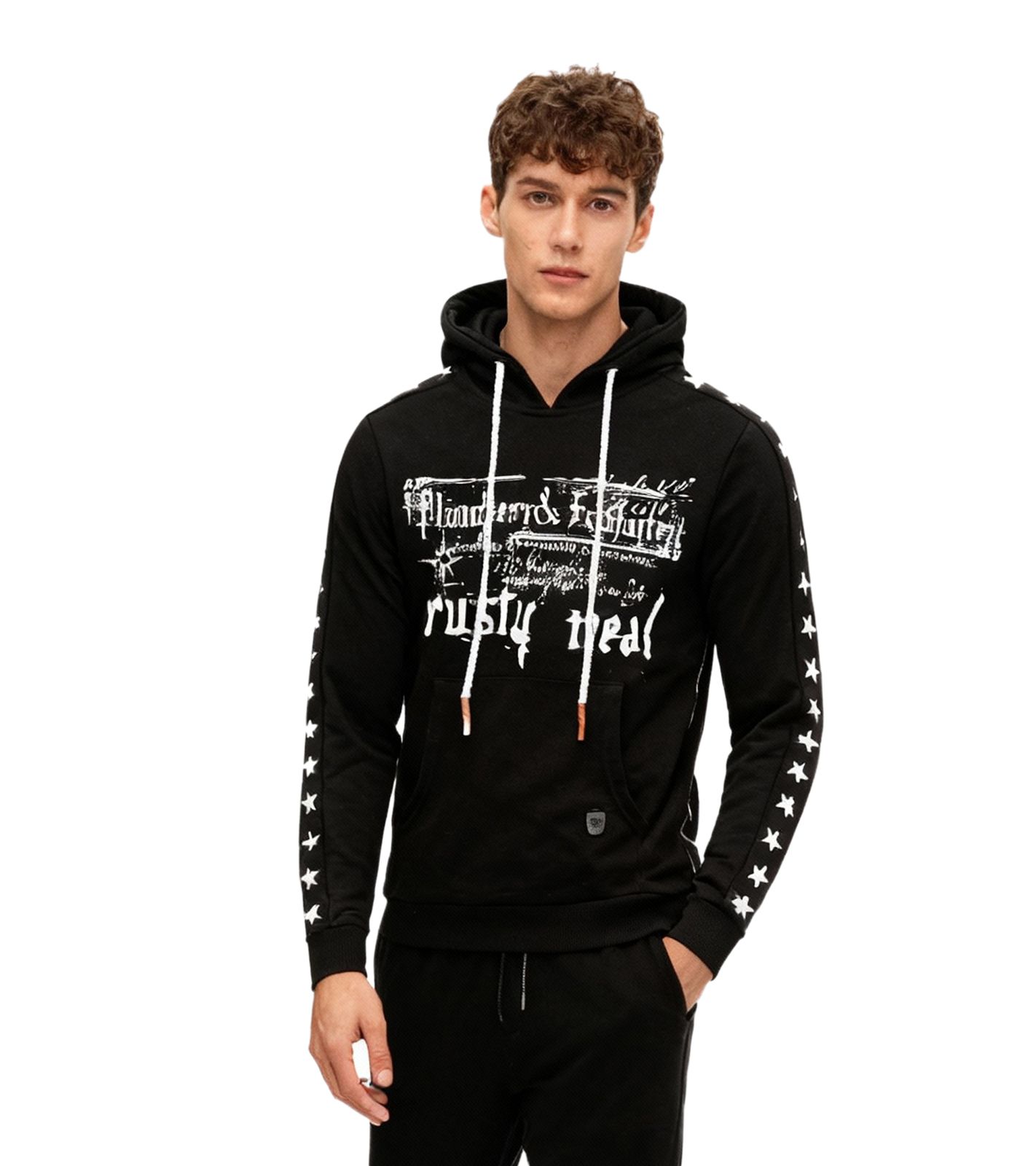 Felpa con cappuccio da uomo alla moda con stampa frontale audace. Maglione con cappuccio e tasca a marsupio. Maglione 19138 Nero