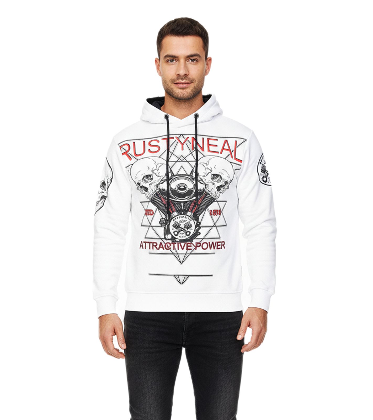 Felpa con cappuccio da uomo alla moda, pullover con cappuccio e stampa rock, maglione/felpa 19148, bianco