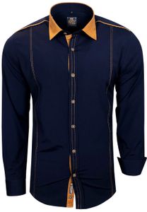 Modernes Langarm-Hemd für Herren mit kontrastfarbigen Nähten Business-Shirt Freizeit-Hemd 76 Marine-Blau