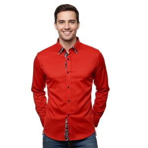Trendiges Button-Down-Hemd für Herren Freizeit-Shirt Langarm-Hemd 11019 Rot