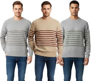 Pull rayé ESPRIT pour homme, col rond, 100 % coton, disponible en gris/gris foncé, beige/bordeaux ou gris/vert
