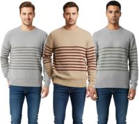 Pull rayé ESPRIT pour homme, col rond, 100 % coton, disponible en gris/gris foncé, beige/bordeaux ou gris/vert