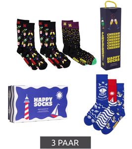 3 Paar Happy Socks Baumwoll-Socken in Geschenk-Box Strümpfe "Celebrations Edition" mit Sektgläsern Cocktails und Konfetti-Punkten-Print Schwarz/Bunt oder "Smooth Sailing" im See-Design Blau//Rot/Weiß