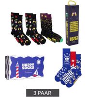 3 Paar Happy Socks Baumwoll-Socken in Geschenk-Box Strümpfe "Celebrations Edition" mit Sektgläsern Cocktails und Konfetti-Punkten-Print Schwarz/Bunt oder "Smooth Sailing" im See-Design Blau//Rot/Weiß